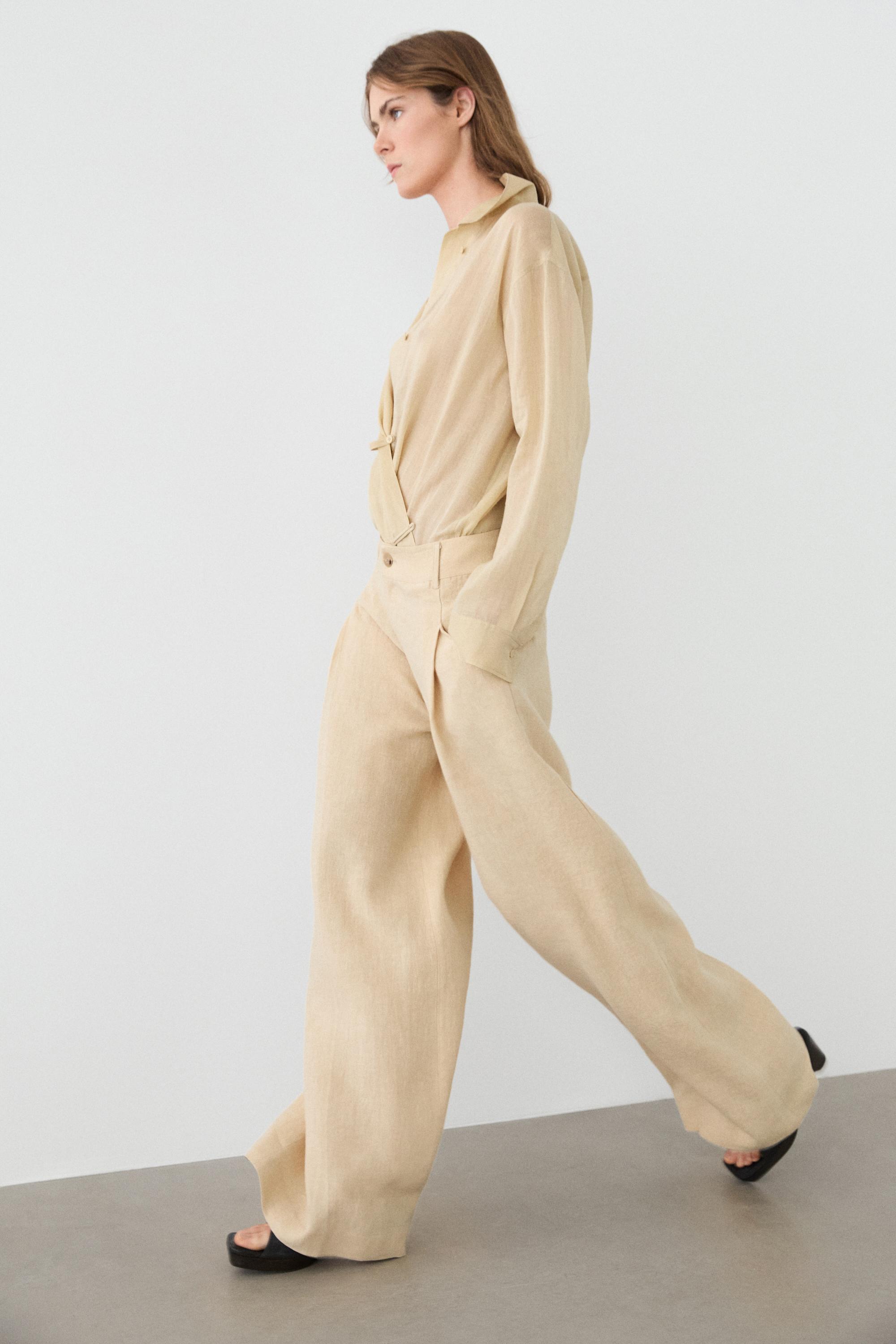Wide-leg linen trousers with pocket detail